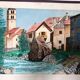 Framed drawing painting mountain village