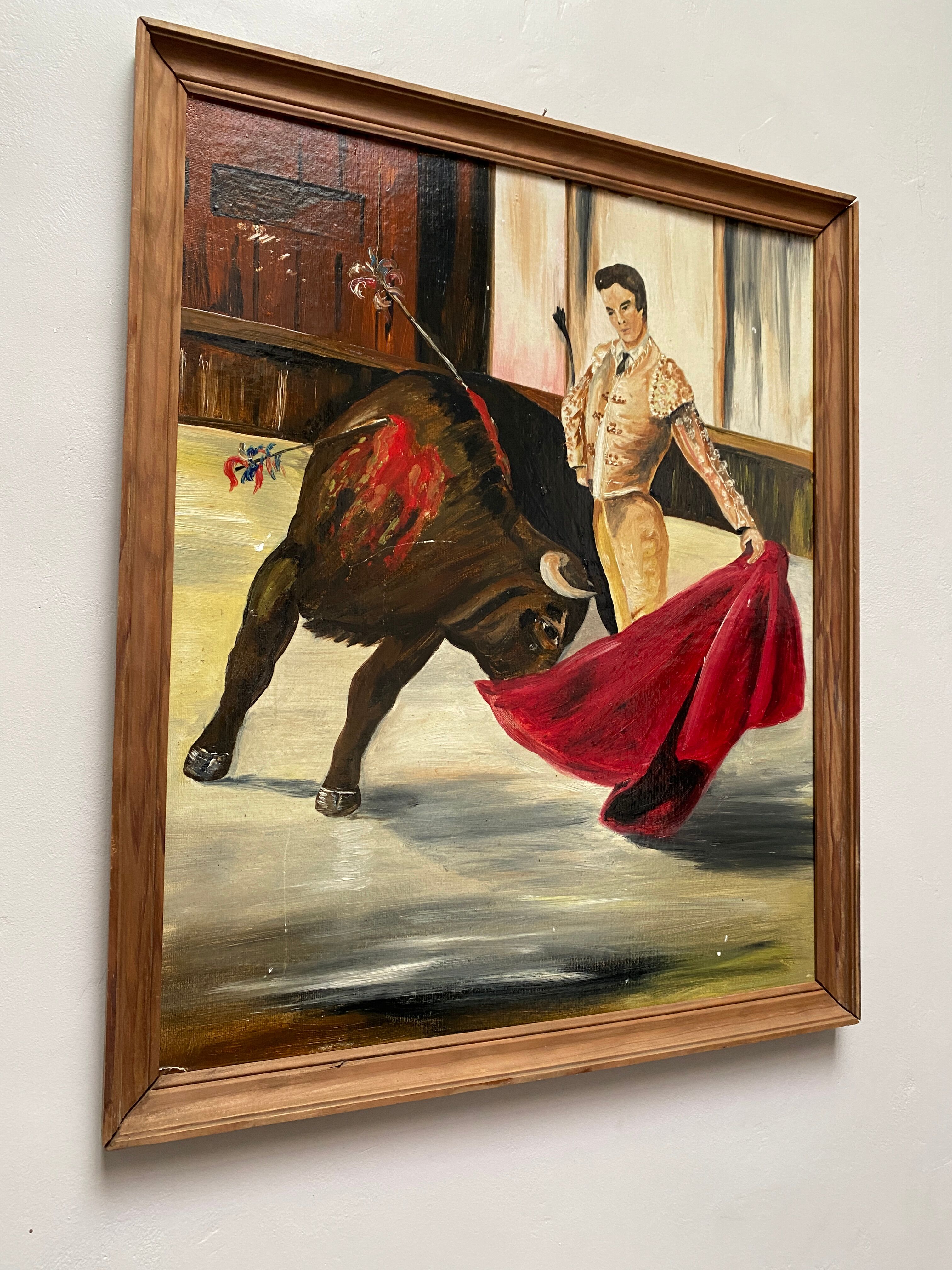 Oil on panel matador bullfighter and bull