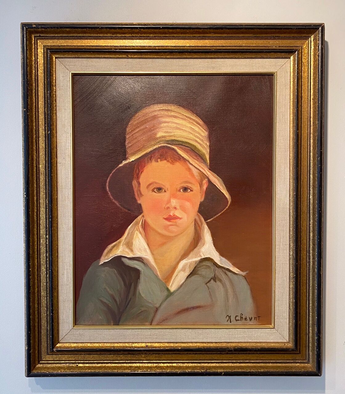 Portrait of the boy in the straw hat 70s/80s, signed