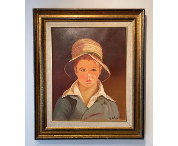Portrait du garçon au chapeau de paille années 70/80, signé | Selency