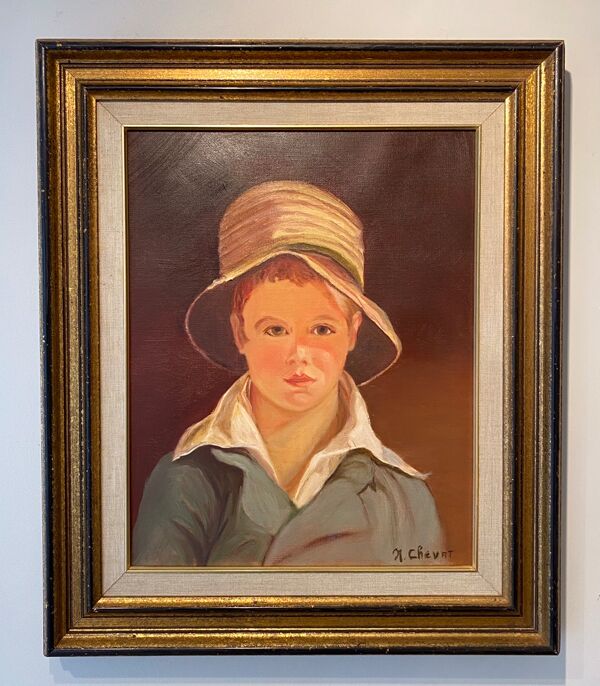 Portrait du garçon au chapeau de paille années 70/80, signé
