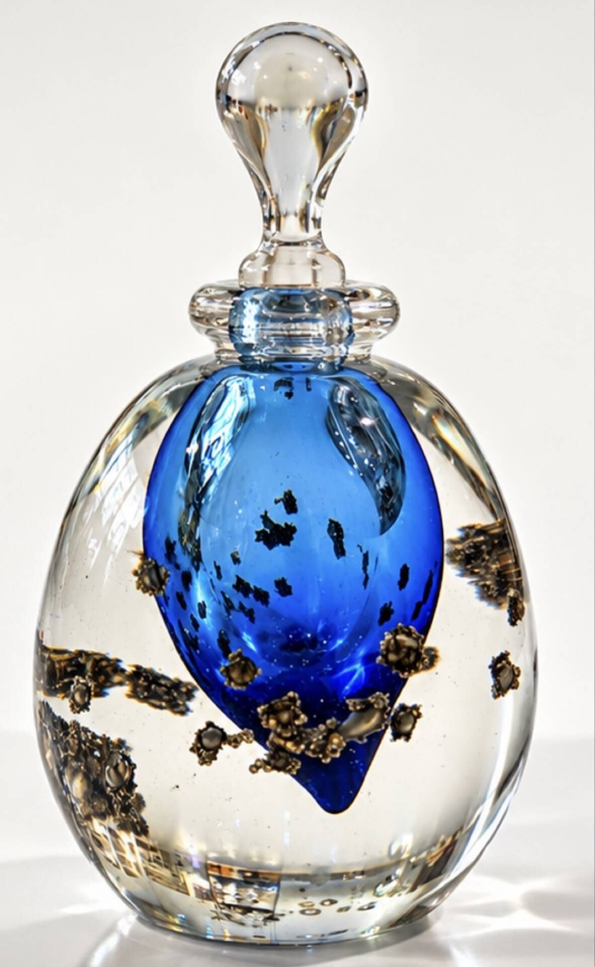 Art glass bottle signed Didier SABA, with cobalt blue decoration and inclusions.
