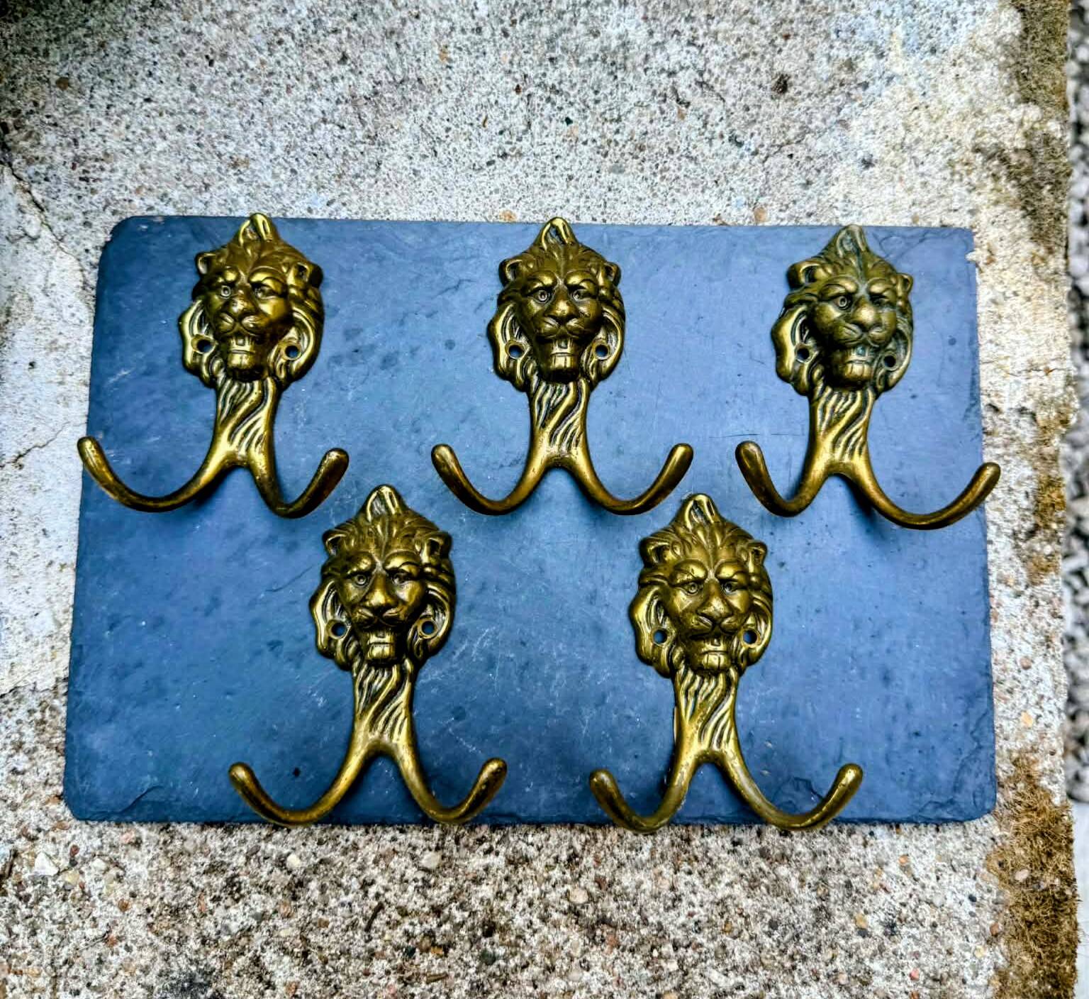 5 lion coat hooks in solid brass Art Nouveau