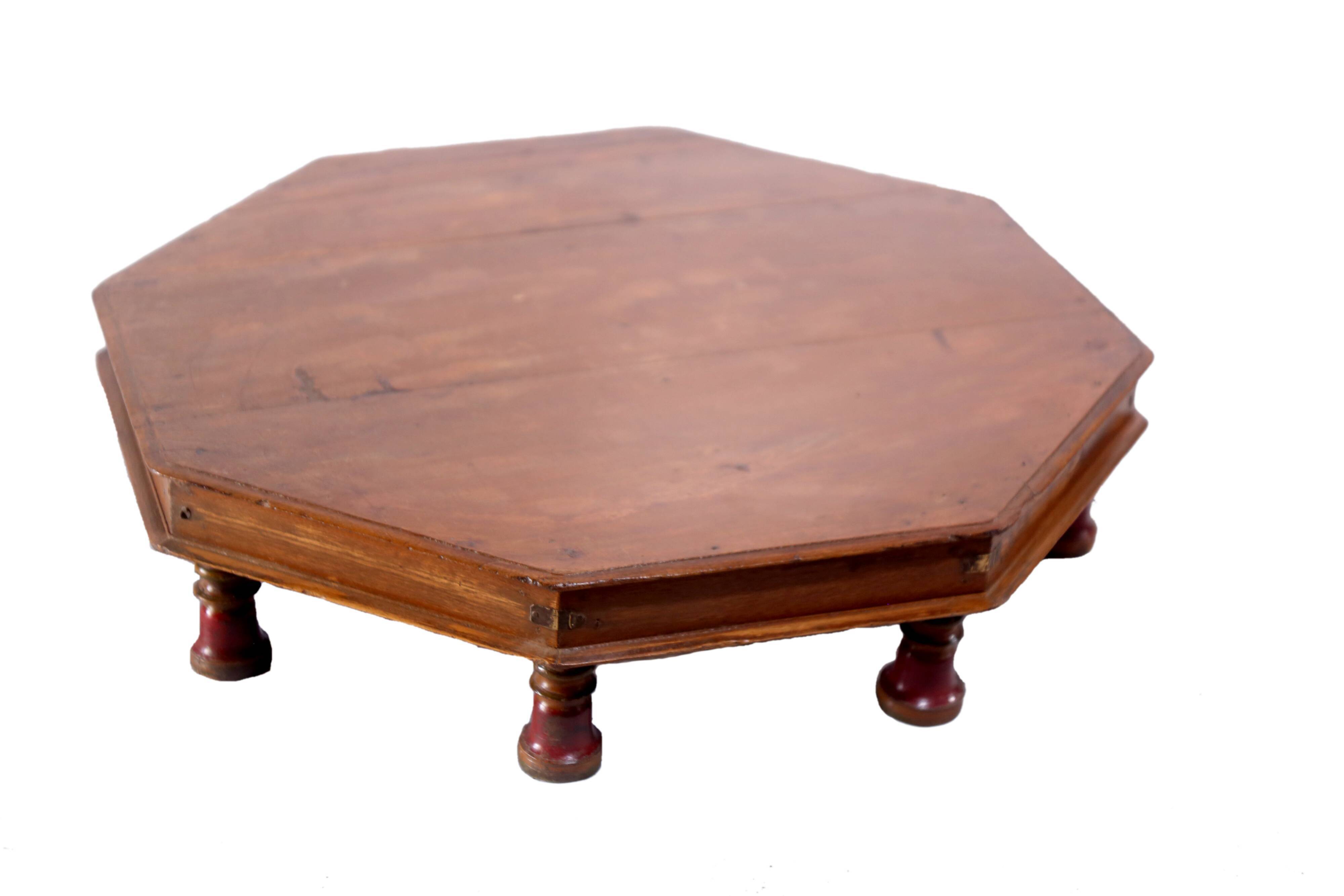 Table à thé bajoot octogonale en teck birman ancien