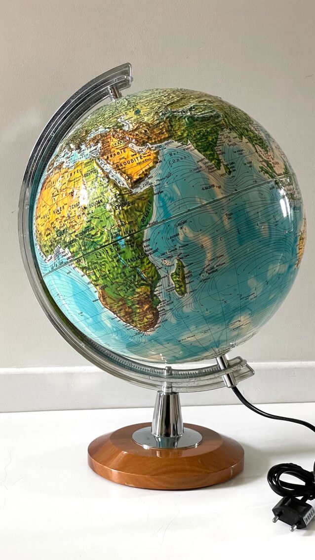 Grand globe terrestre vintage en bois massif –