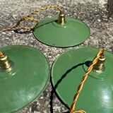 Lot of 3 vintage pendant lampshades in green and white enamelled sheet metal, industrial farm