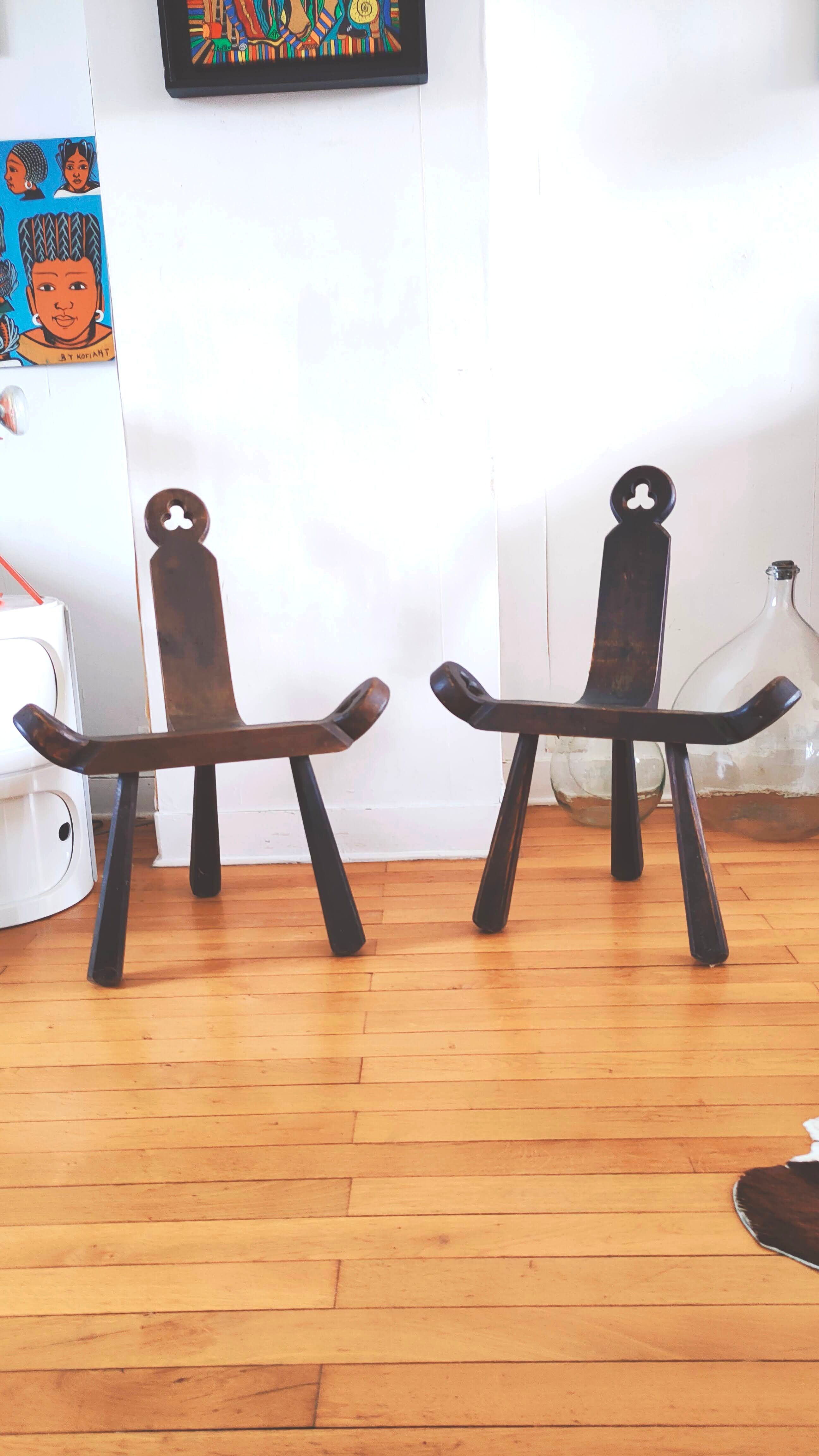 Pair of brutalist chairs tripod feet