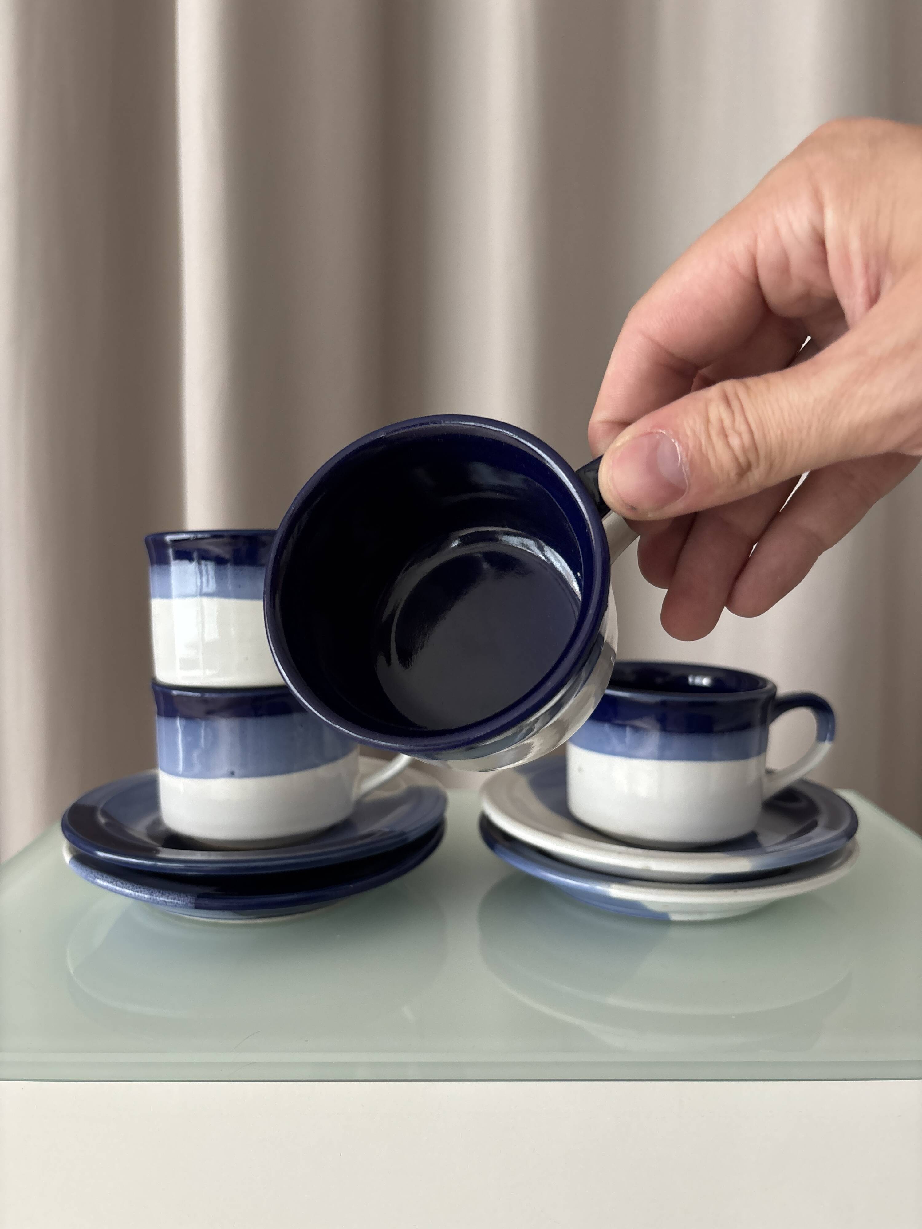 Set of 4 Vintage Studio Pottery Cups & Saucers – Hand Glazed Blue & White