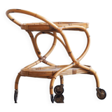 Vintage bamboo and rattan serving trolley on wheels