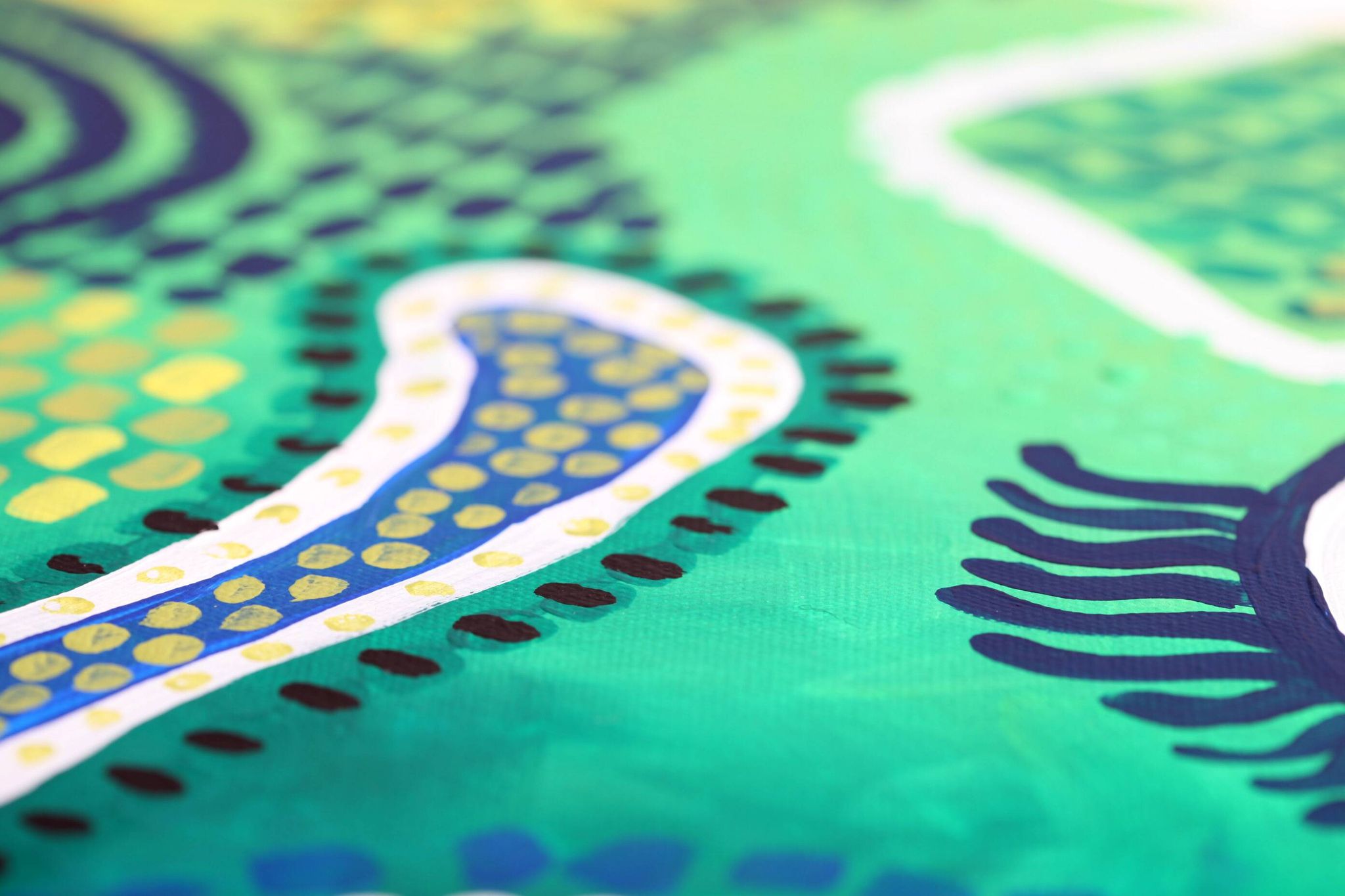 Peinture abstraite moderne verte, jaune, bleue et blanche avec techniques mixtes