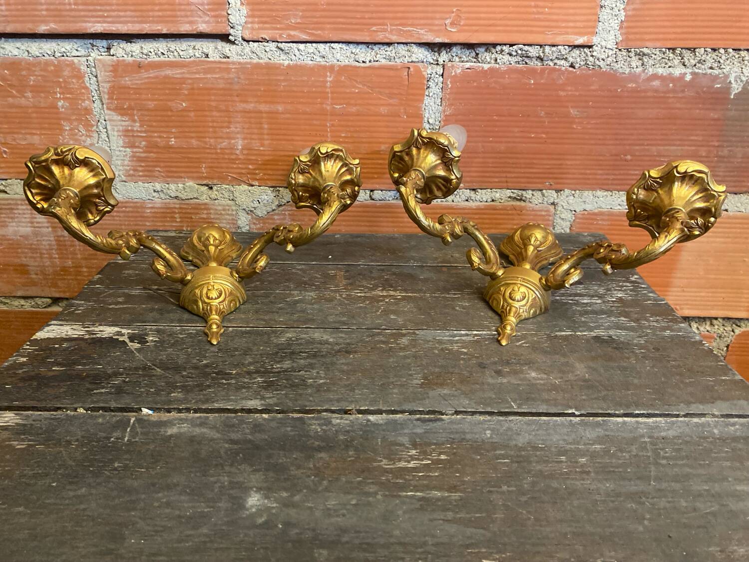 Pair of Double Wall Lights in Antique Louis XV Style, Gilded Bronze Vintage #D67