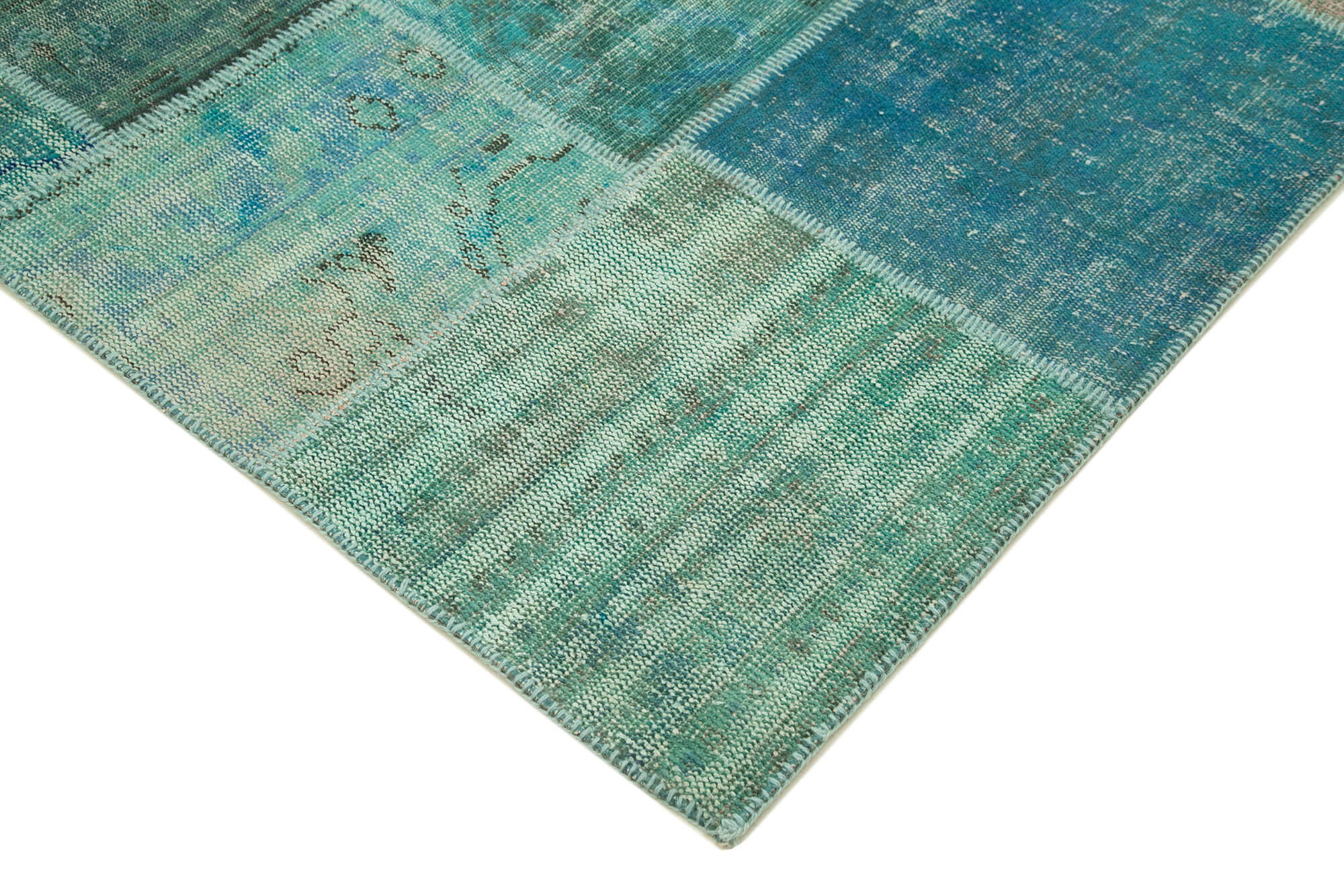 Hand-knotted oriental vintage 205 cm x 300 cm turquoise patchwork carpet