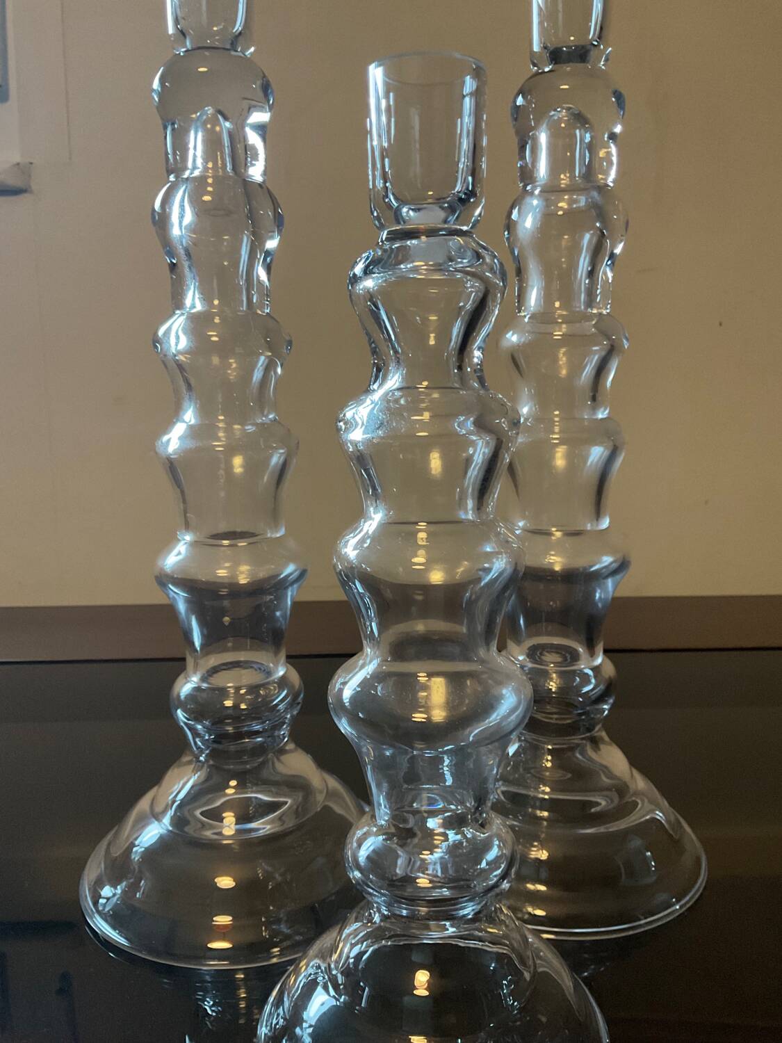 Trio of designer blown glass candle holders
