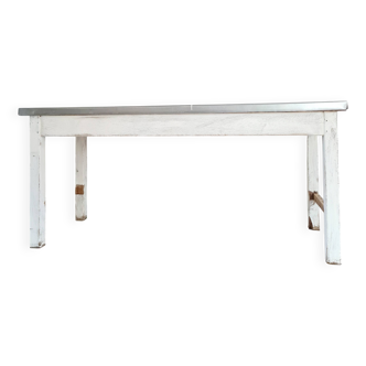 Table de métier bois blanc patiné et zinc - table ancienne - ilôt