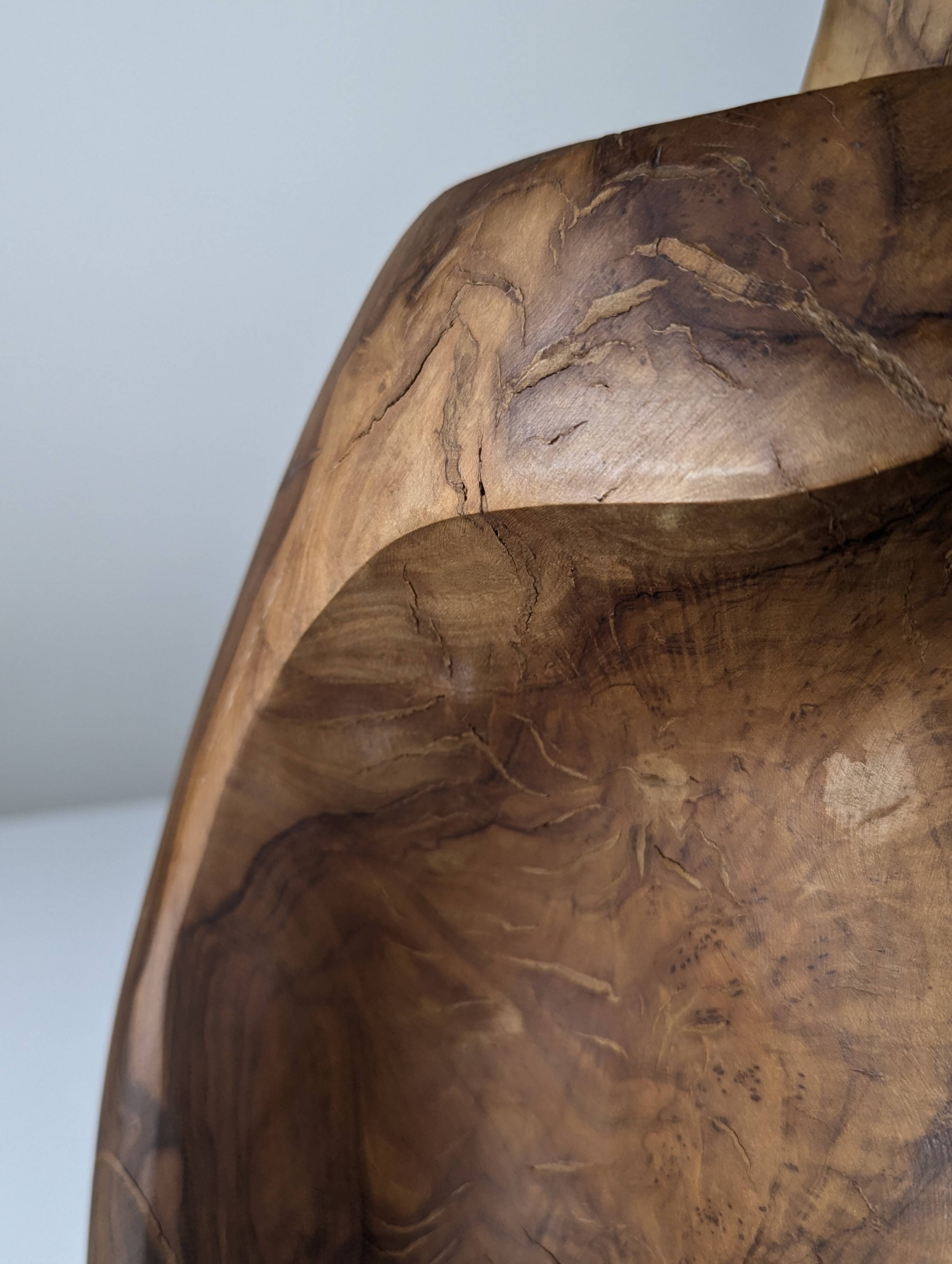 Sculptural table lamp in carved olive wood, organic modern 1970s