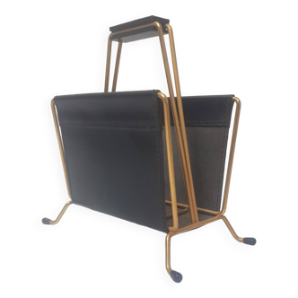 Small magazine holder or letter holder in brass and black leather from the 50s and 60s
