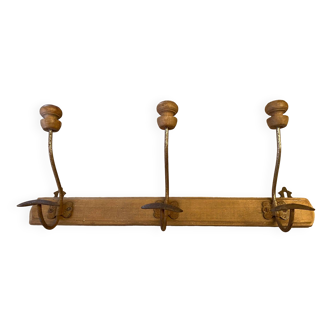 Old natural wood coat rack from the 1940s with 3 double hooks