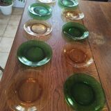 Set of 10 vintage Arcopal glass dessert plates green and orange