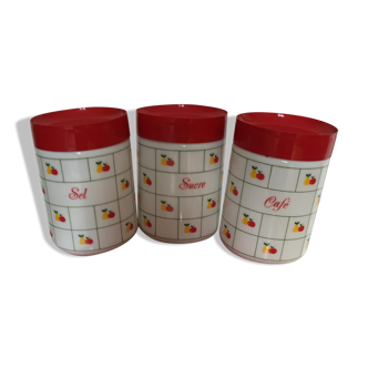 Trio of vintage pots in white opaline with checkered and fruit pattern