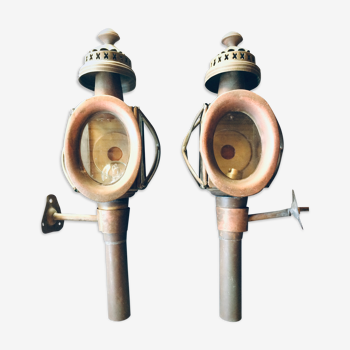 Paire d'anciennes lanternes de fiacre en cuivre vers 1900