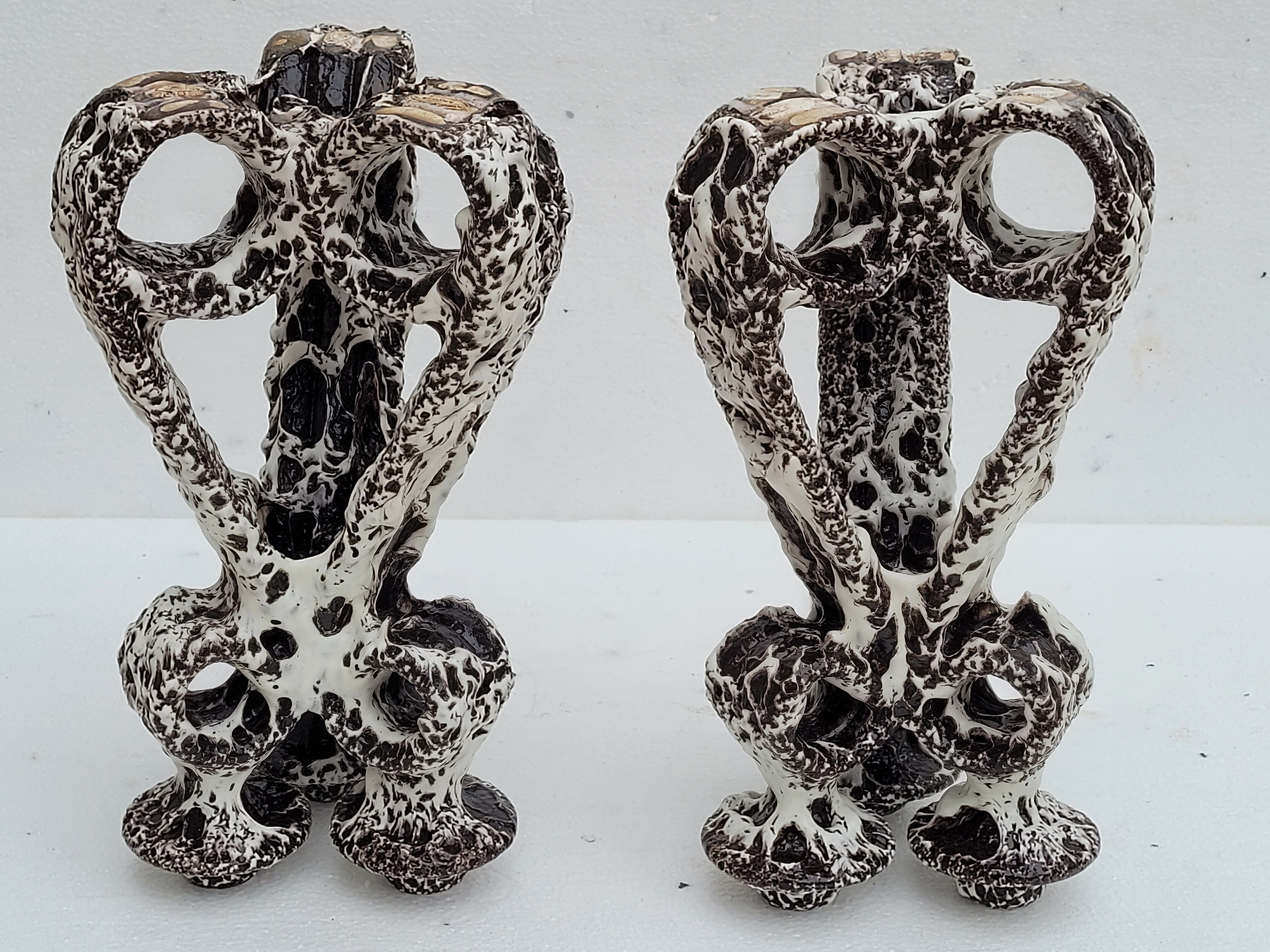 Pair of three-burner candelabra candlesticks by Marius Giuge glazed ceramic Vallauris 1950