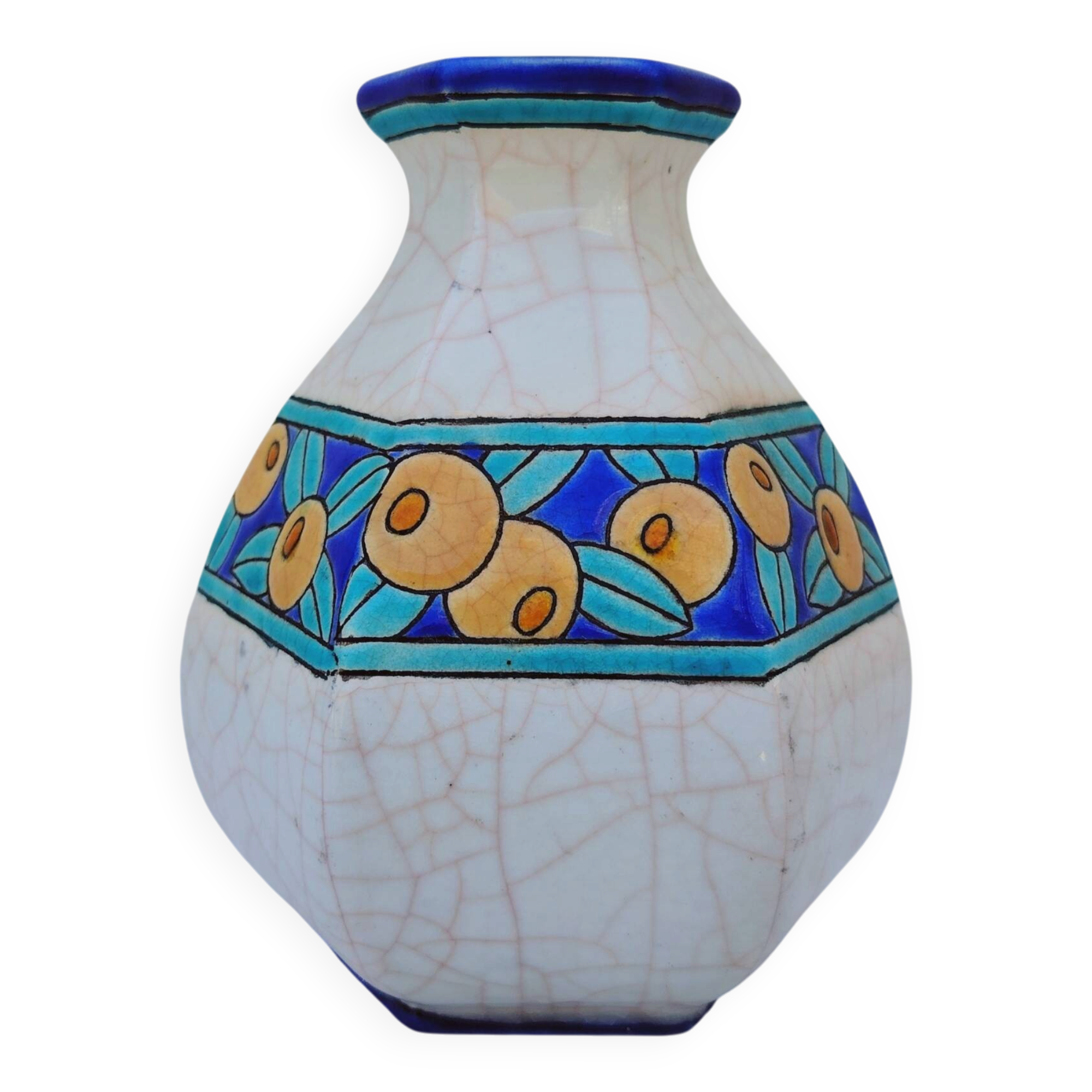 Vase art déco, émaux de Longwy, décor floral, vintage
