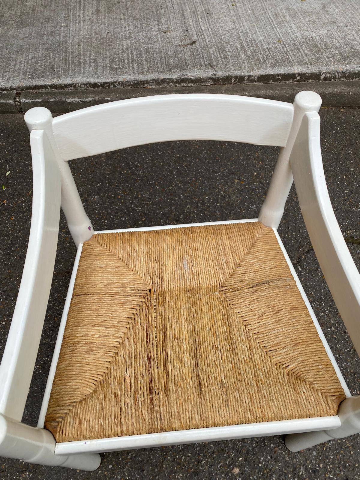 Brutalist Scandinavian armchair in solid wood, painted in white straw, 1950.