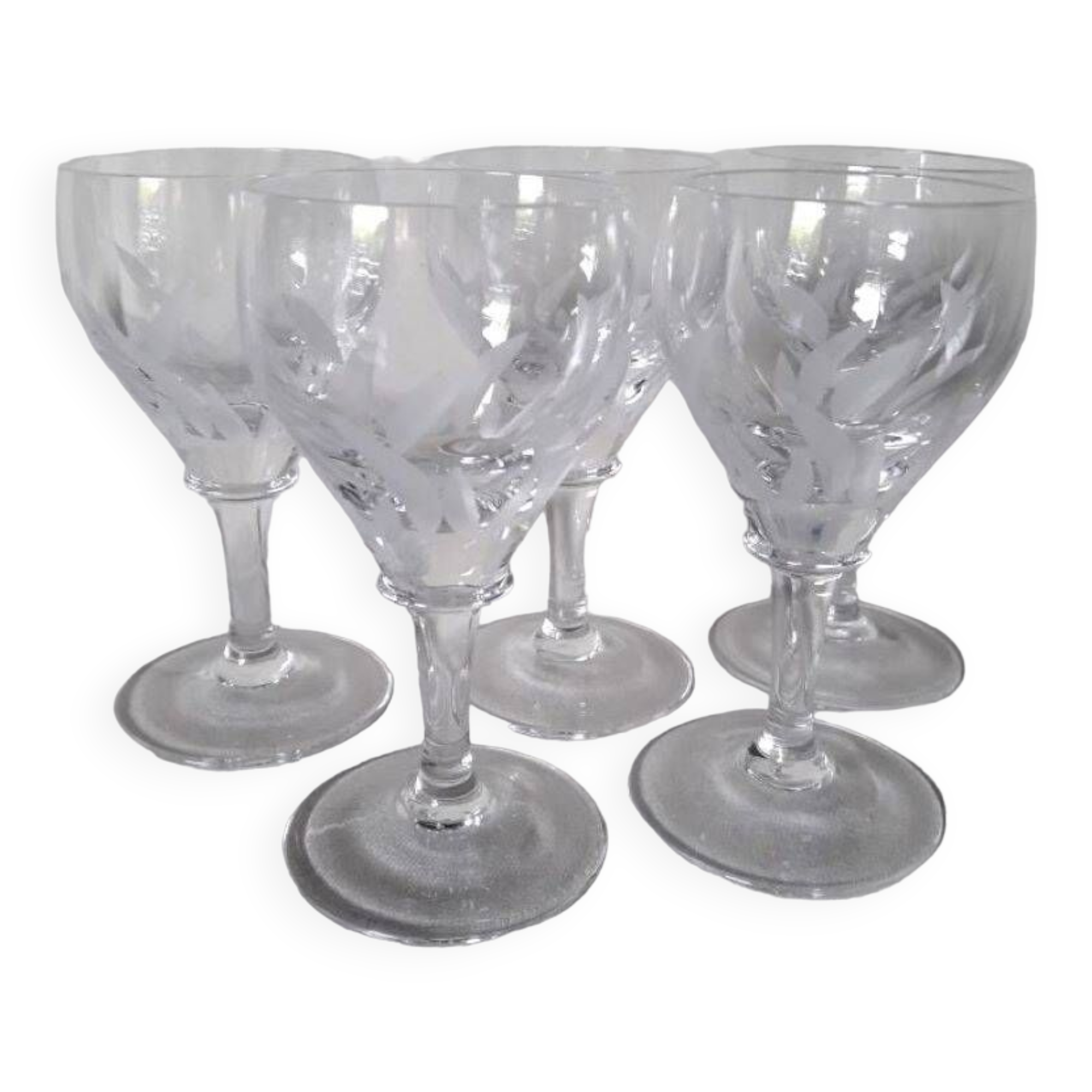 5 small engraved crystal stemmed glasses