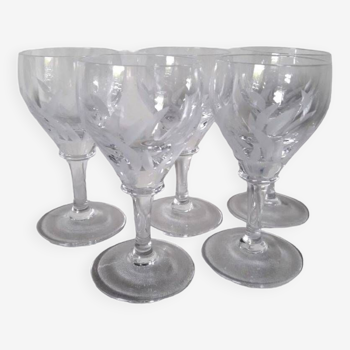 5 small engraved crystal stemmed glasses