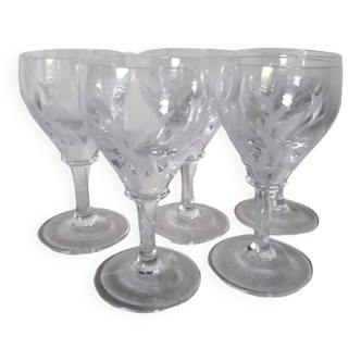 5 small engraved crystal stemmed glasses