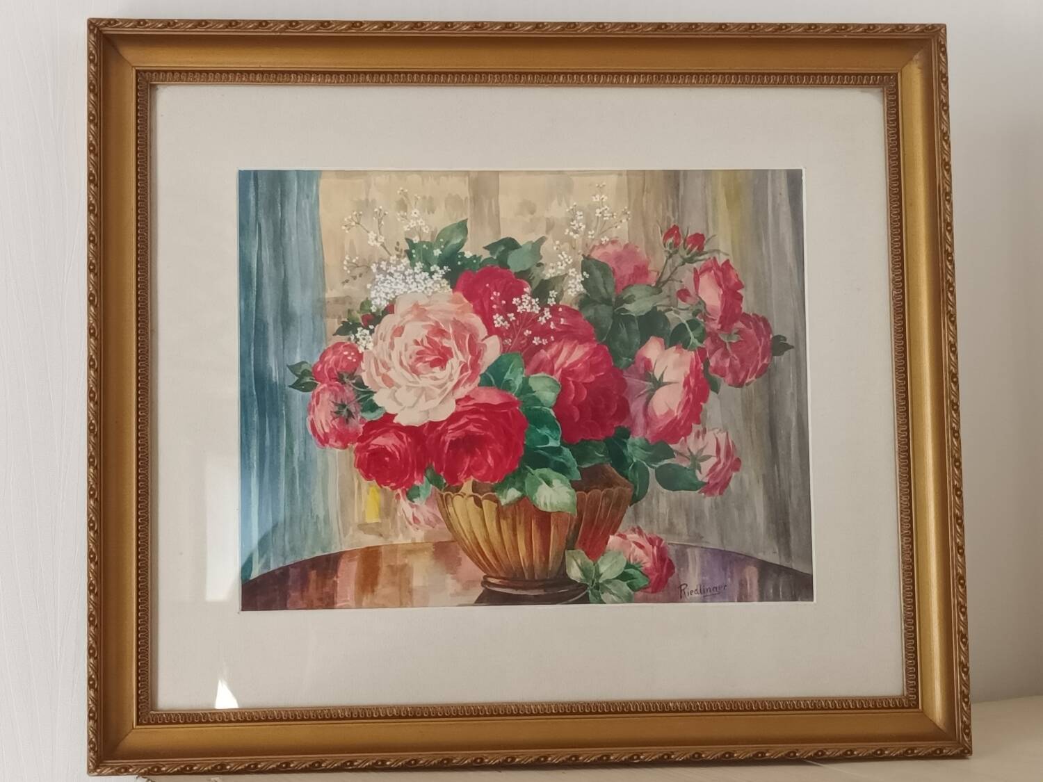 Aquarelle bouquet de roses encadrée XXème