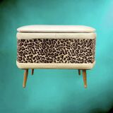 Vintage storage stool with compass legs in white faux leather and leopard velvet.