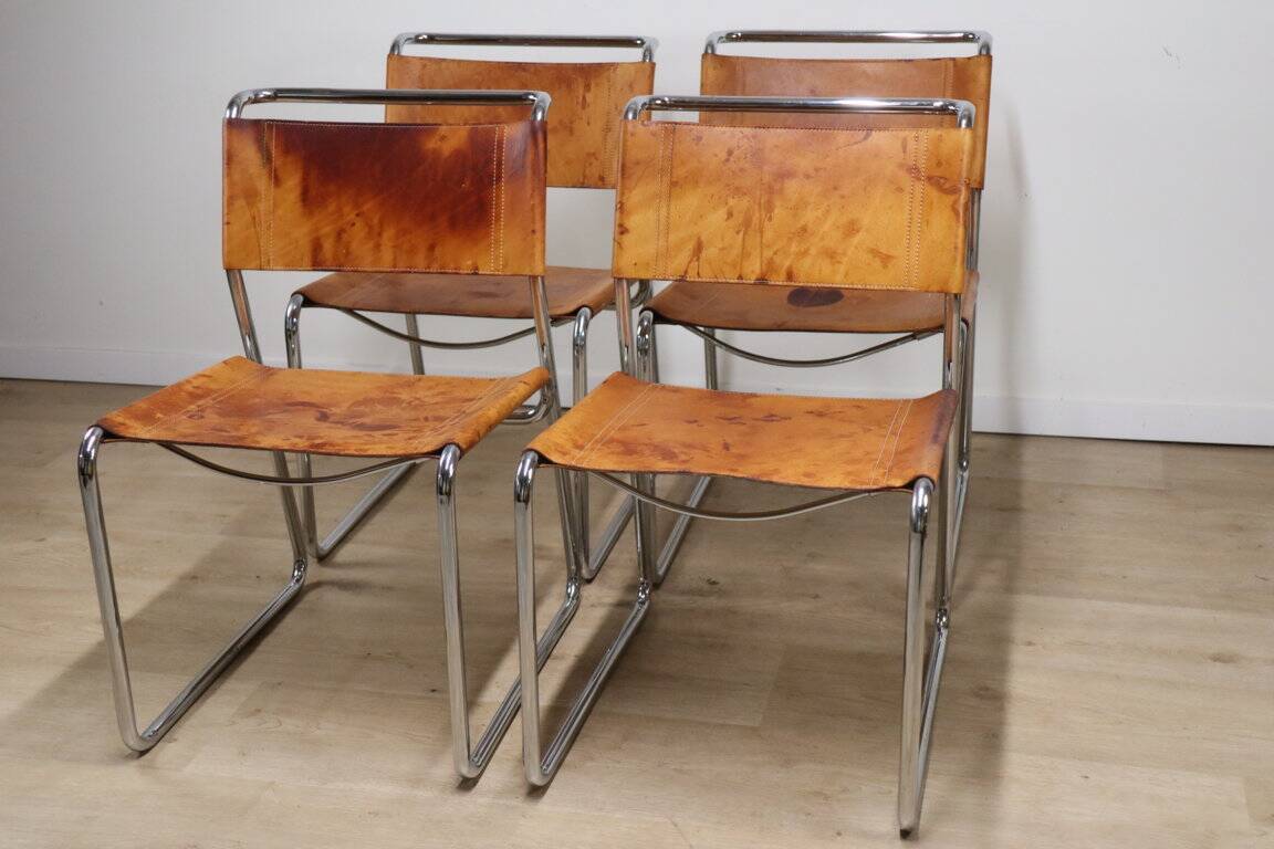 Set of 4 vintage leather and chrome metal chairs, 1970