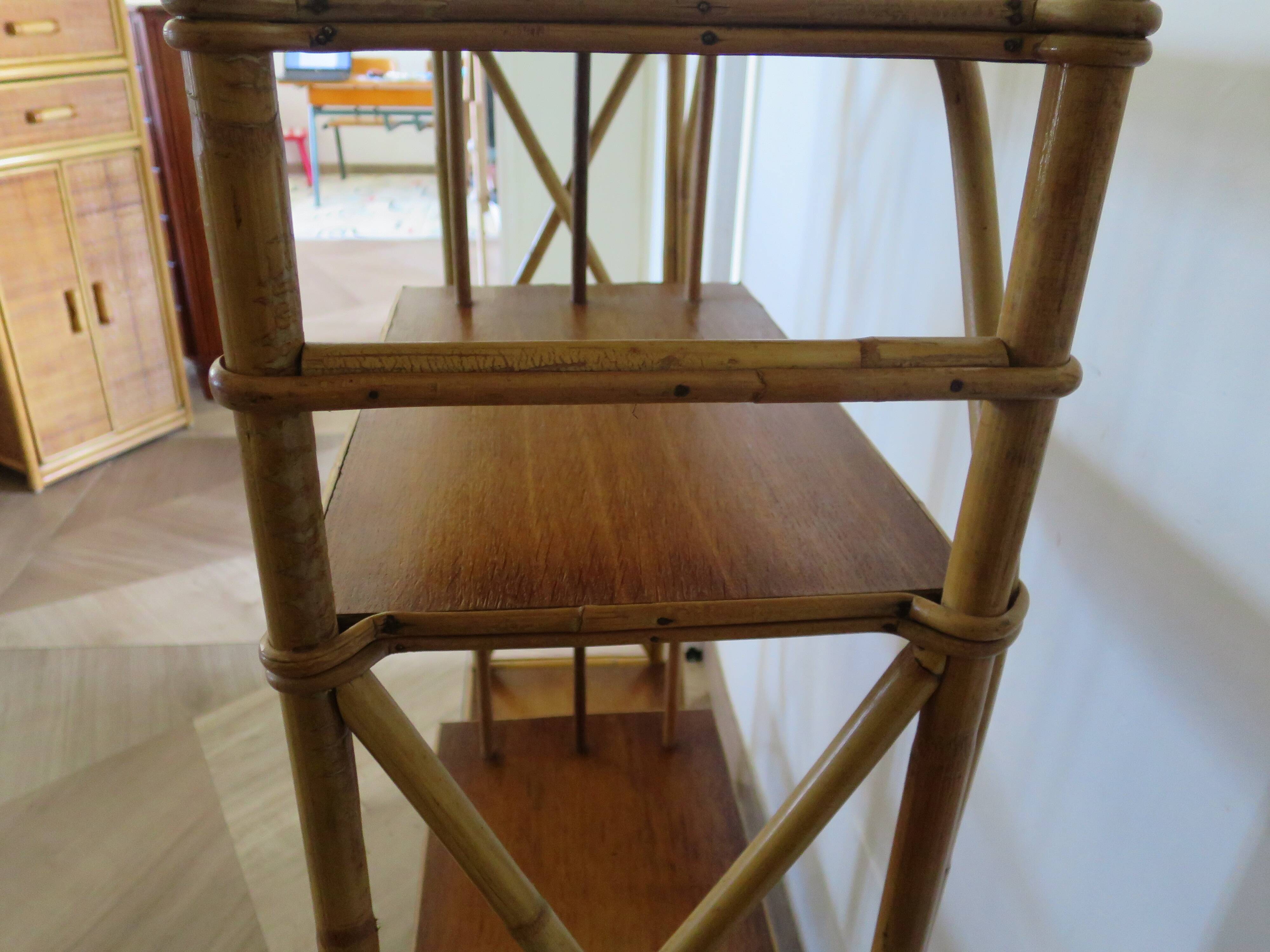 vintage -étagère-bibliotheque-bibus-asymétrique-bambou-bois-rotin-années 60