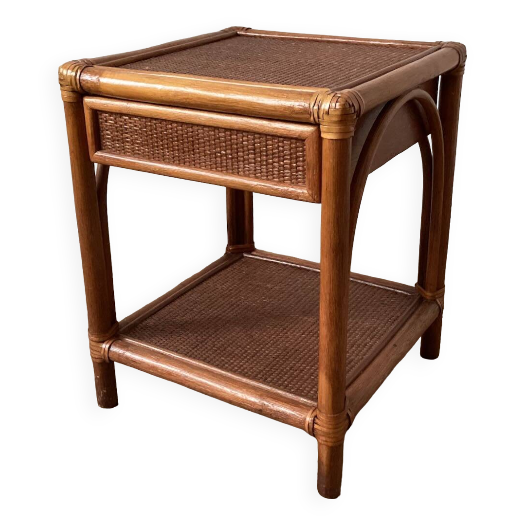 Vintage woven rattan and wicker bedside table