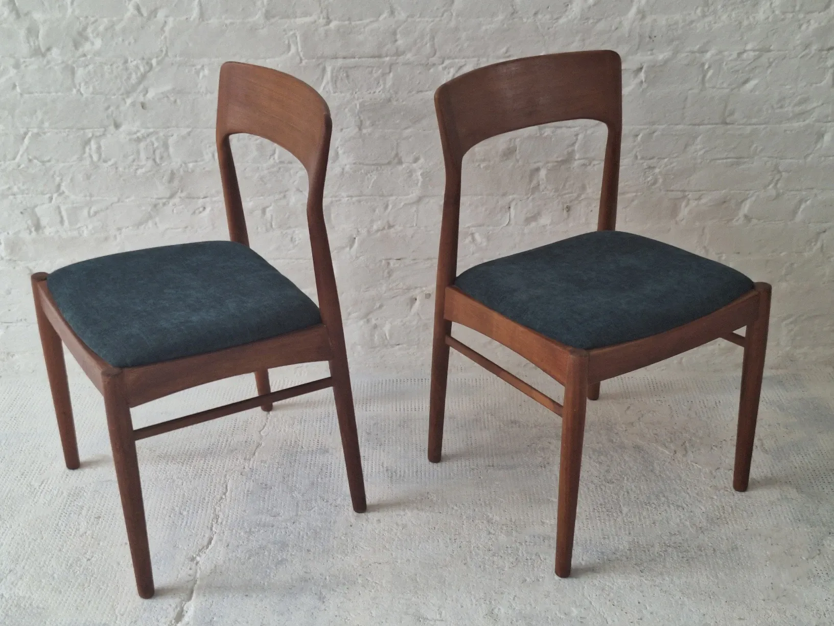 Pair of Henning Kjaernulf teak dining chairs sea blue-green, Denmark 1960s