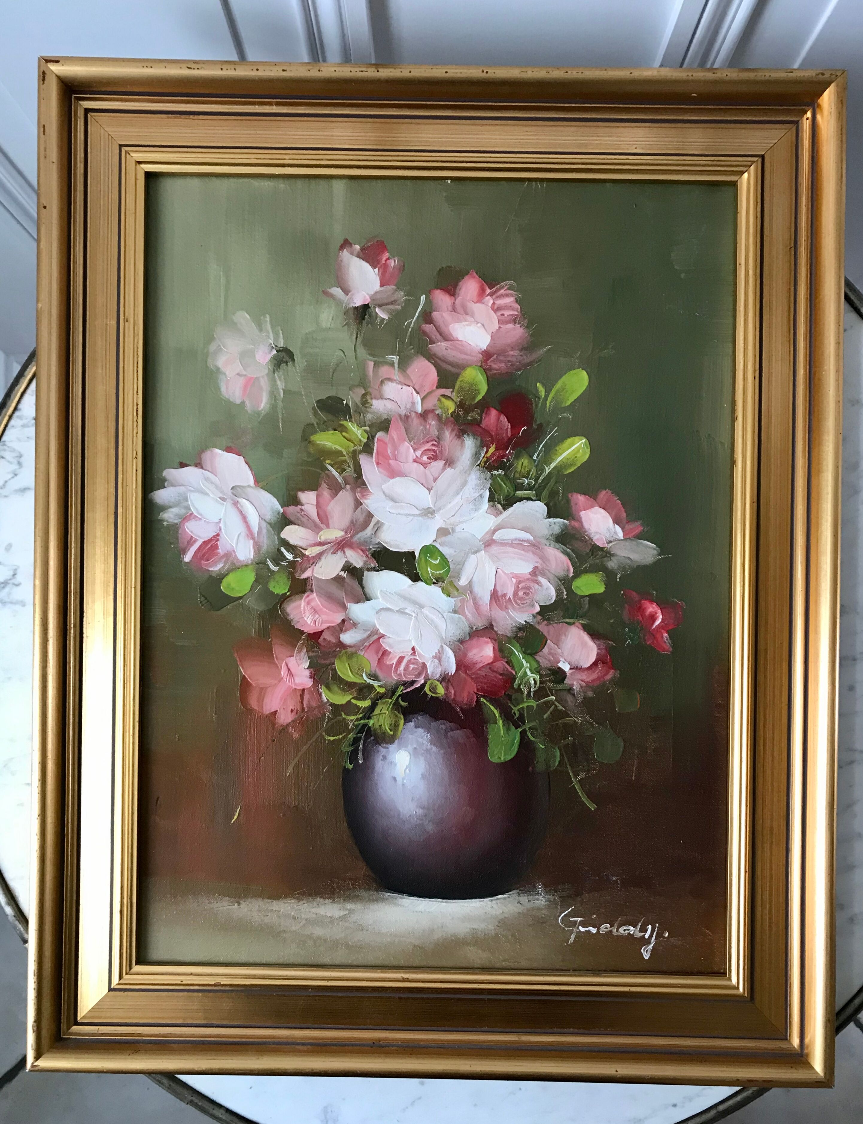 Oil on canvas painting bouquet of flowers signed 80s