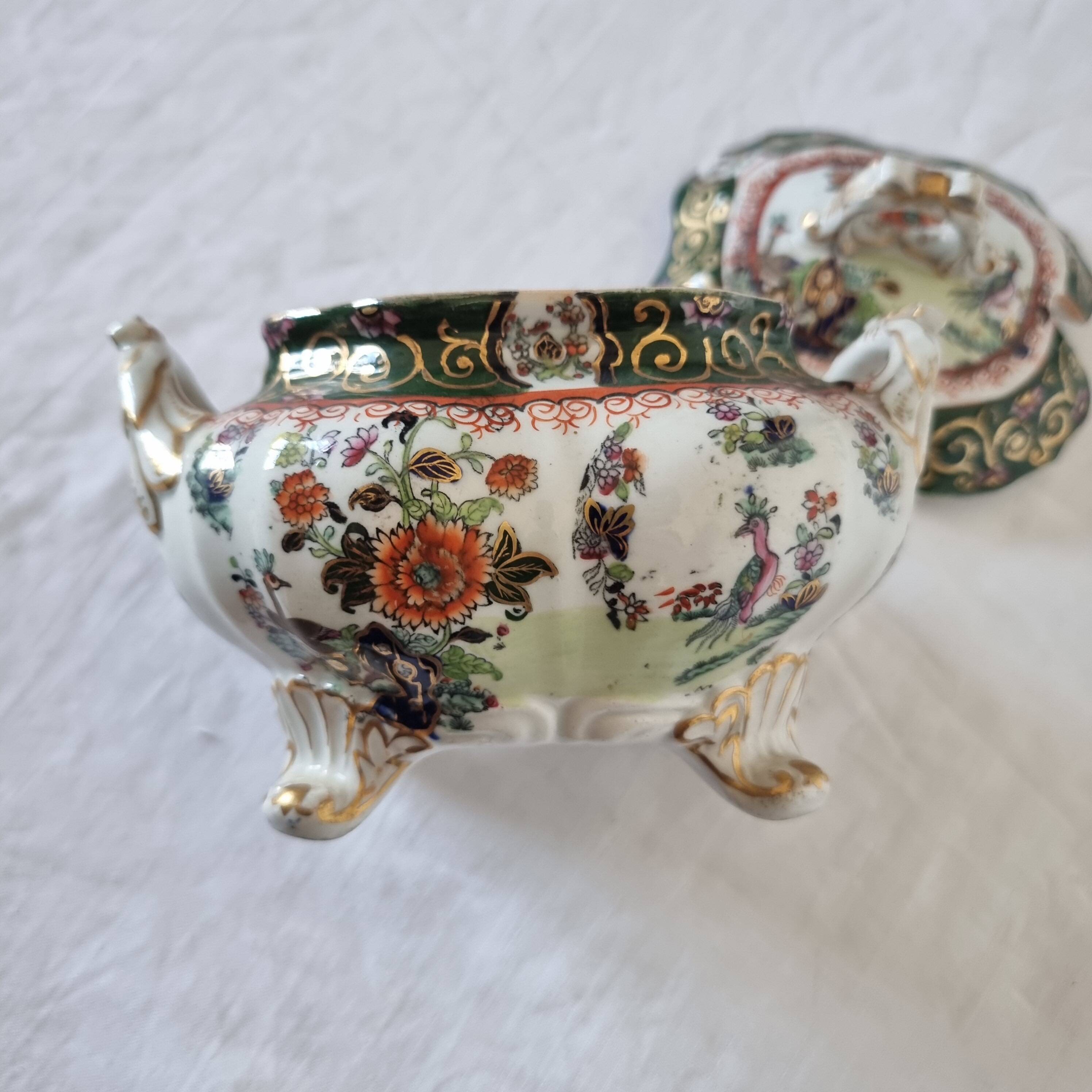 Antique Masons Sauce Boat with Lid English Porcelain Chinoiserie F