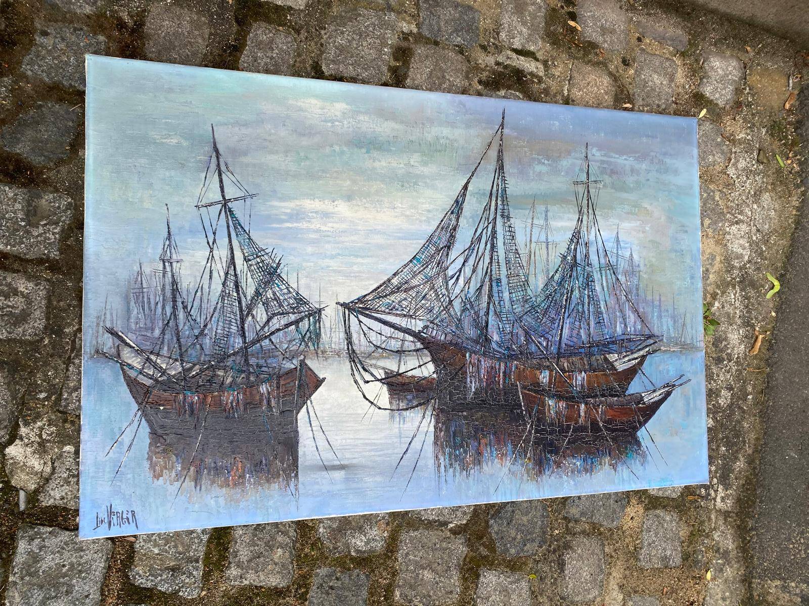Oil painting on canvas by Luc Verger, boats, 90x60cm.