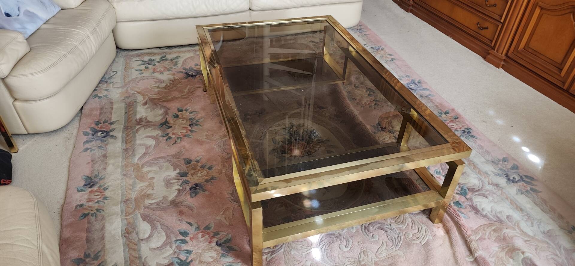 Brass Coffee Table with Smoked Glass Tops. French Work of