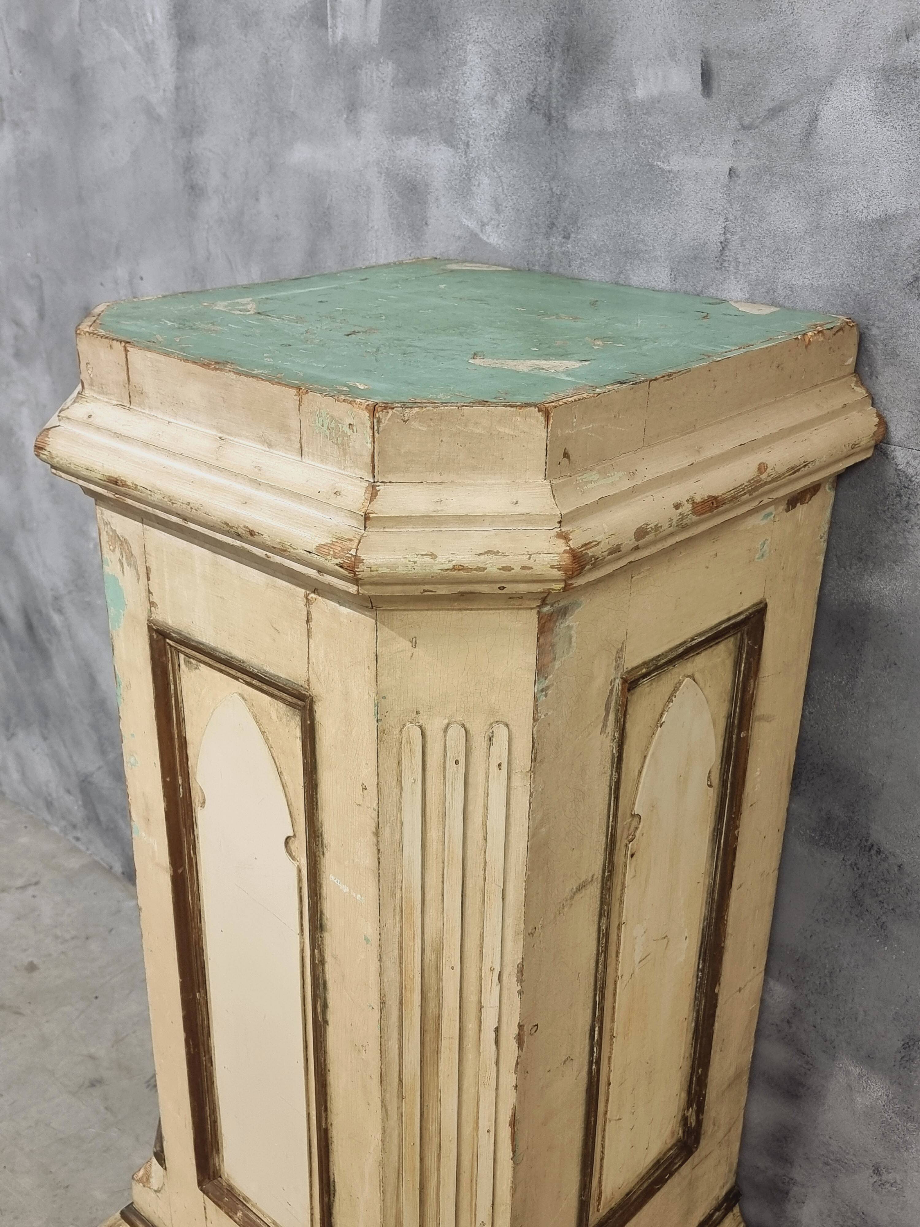 Antique church column on wooden base 135 cm high