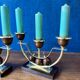 Pair of Art Deco candlesticks in brass and varnished wood, 1930s/1940s
