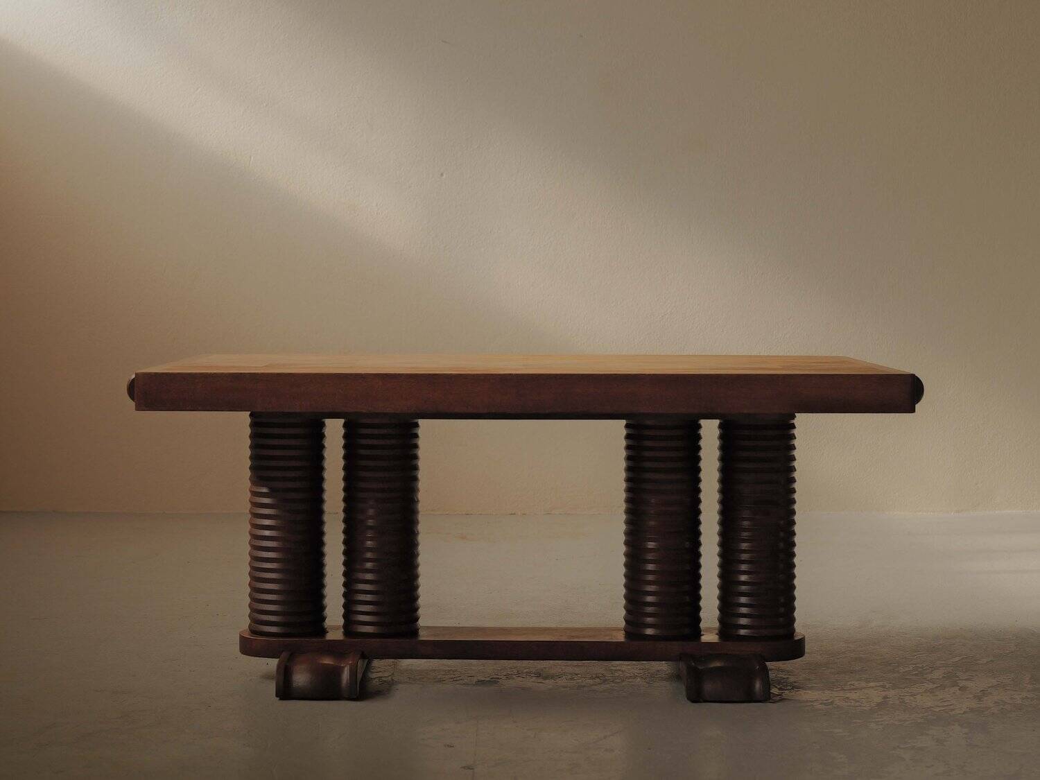 Solid oak table with marquetry, France, circa 1940.