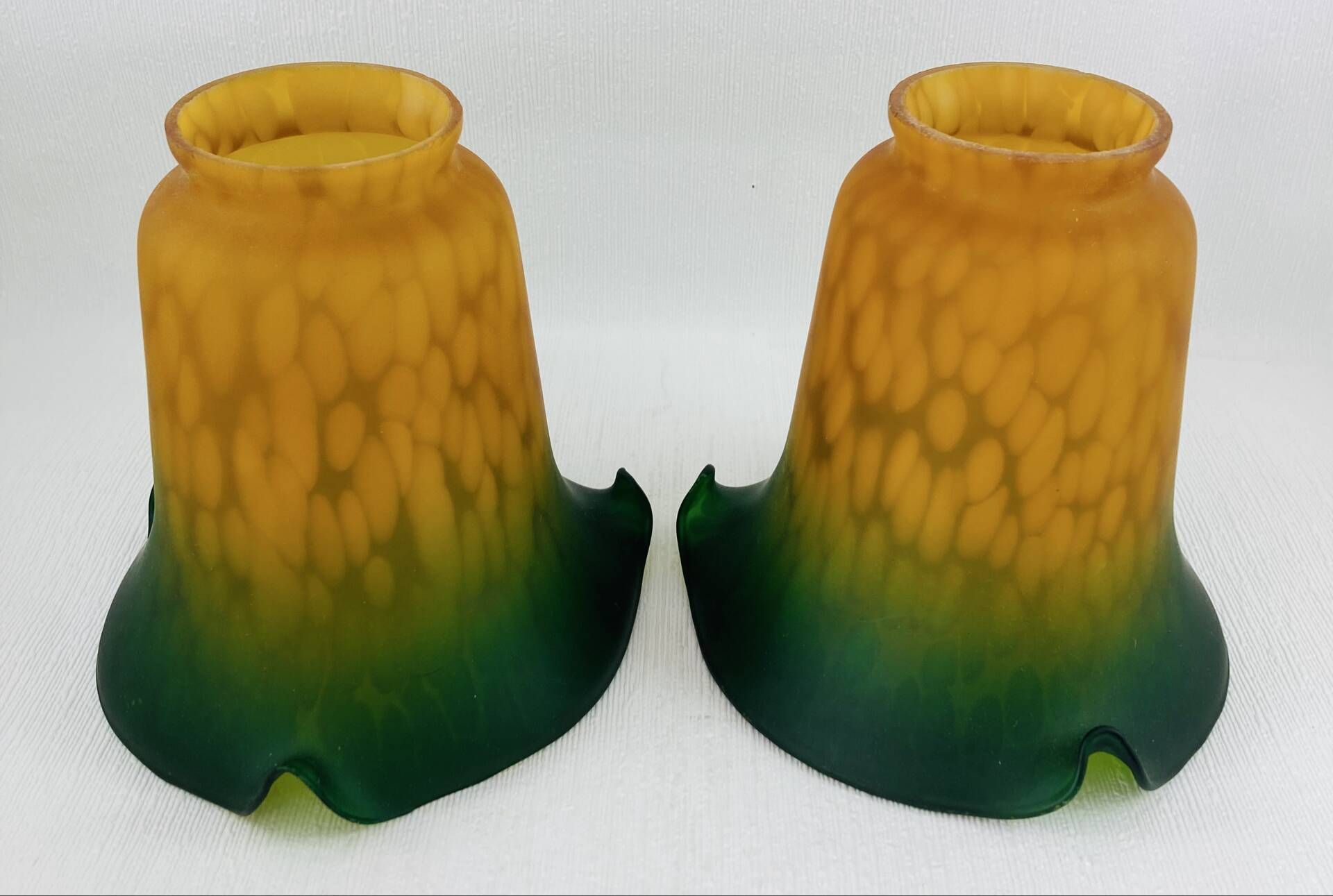 Pair of Antique Art Nouveau Tulips - Speckled Amber Green Glass