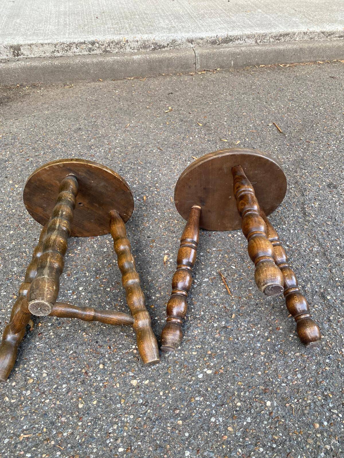 2 tripod stools in turned solid wood, Charles Dudouyt style, 1960.