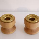 Pair of vintage candle holders in wood and brass