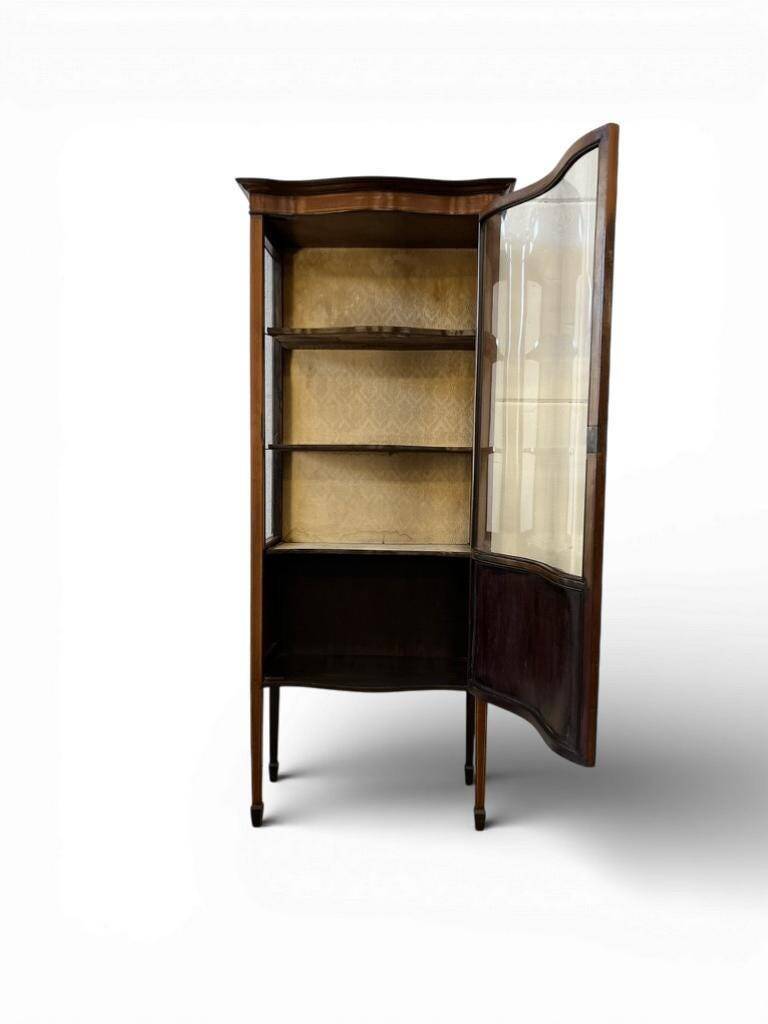 vintage wooden display cabinet with curved glass