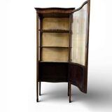 vintage wooden display cabinet with curved glass