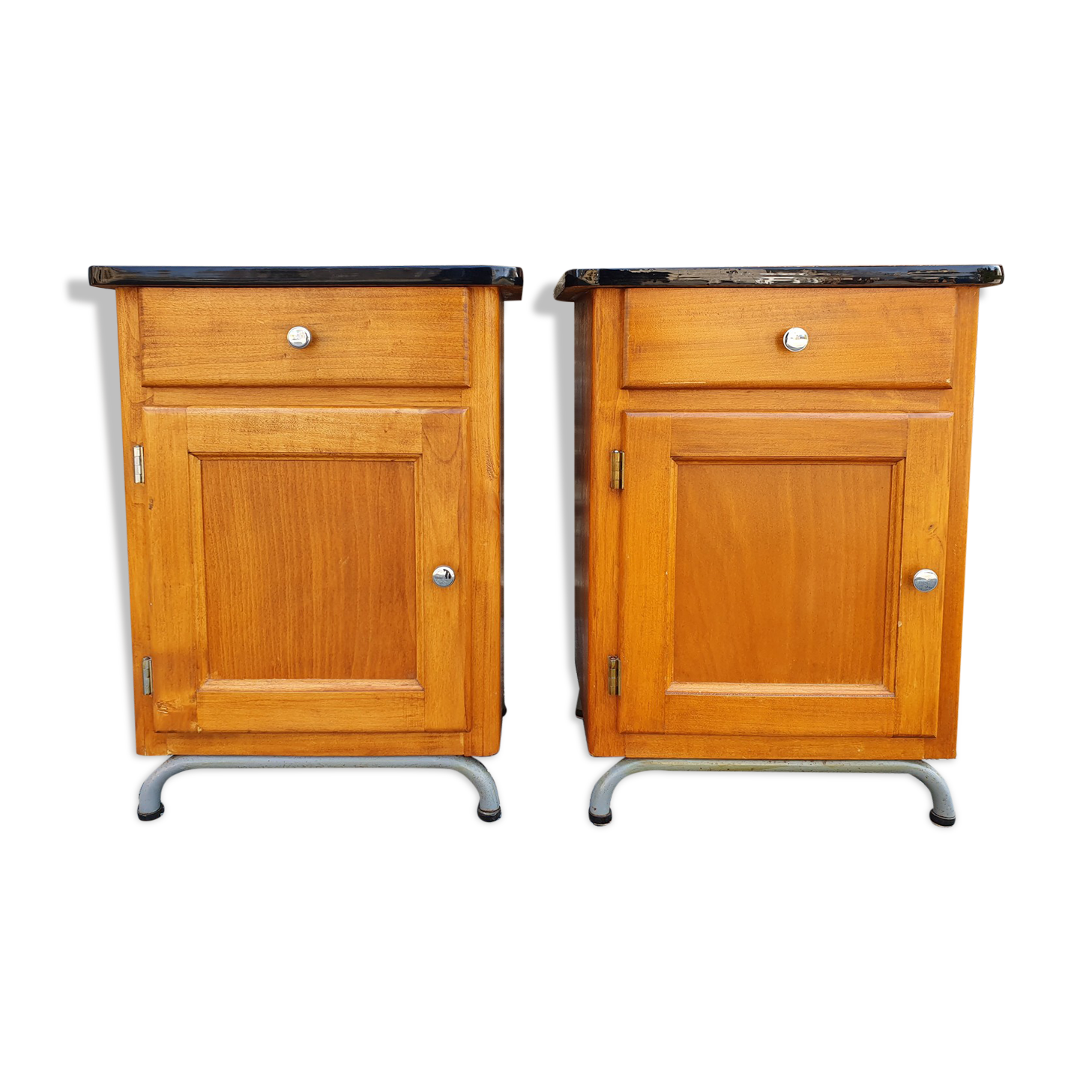 Pair of bedsides, boarding school, wood, metal, formica, vintage, 50s