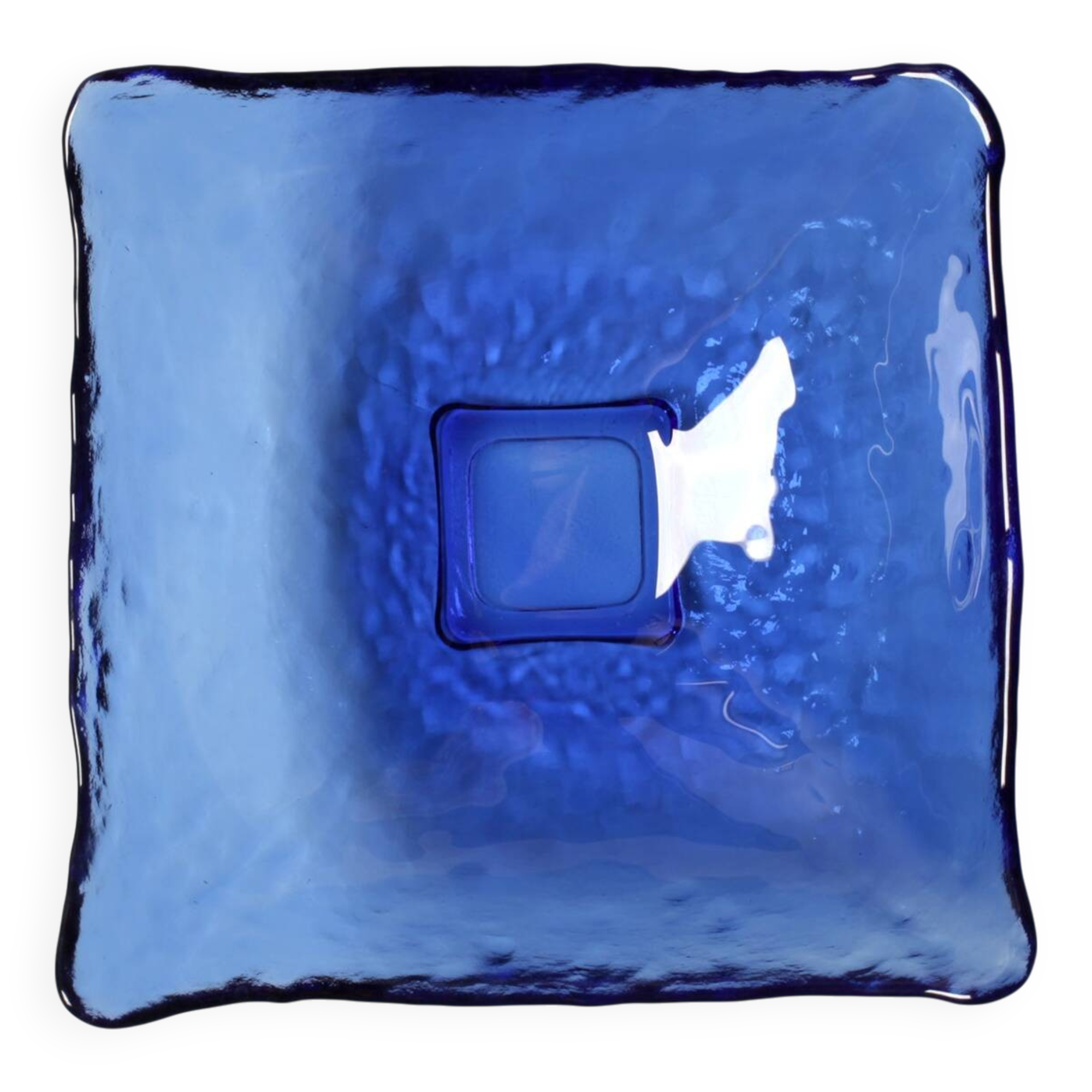 Vintage Square Cobalt Blue Glass Bowl, Italian Glass Tray / Italy / 1970s